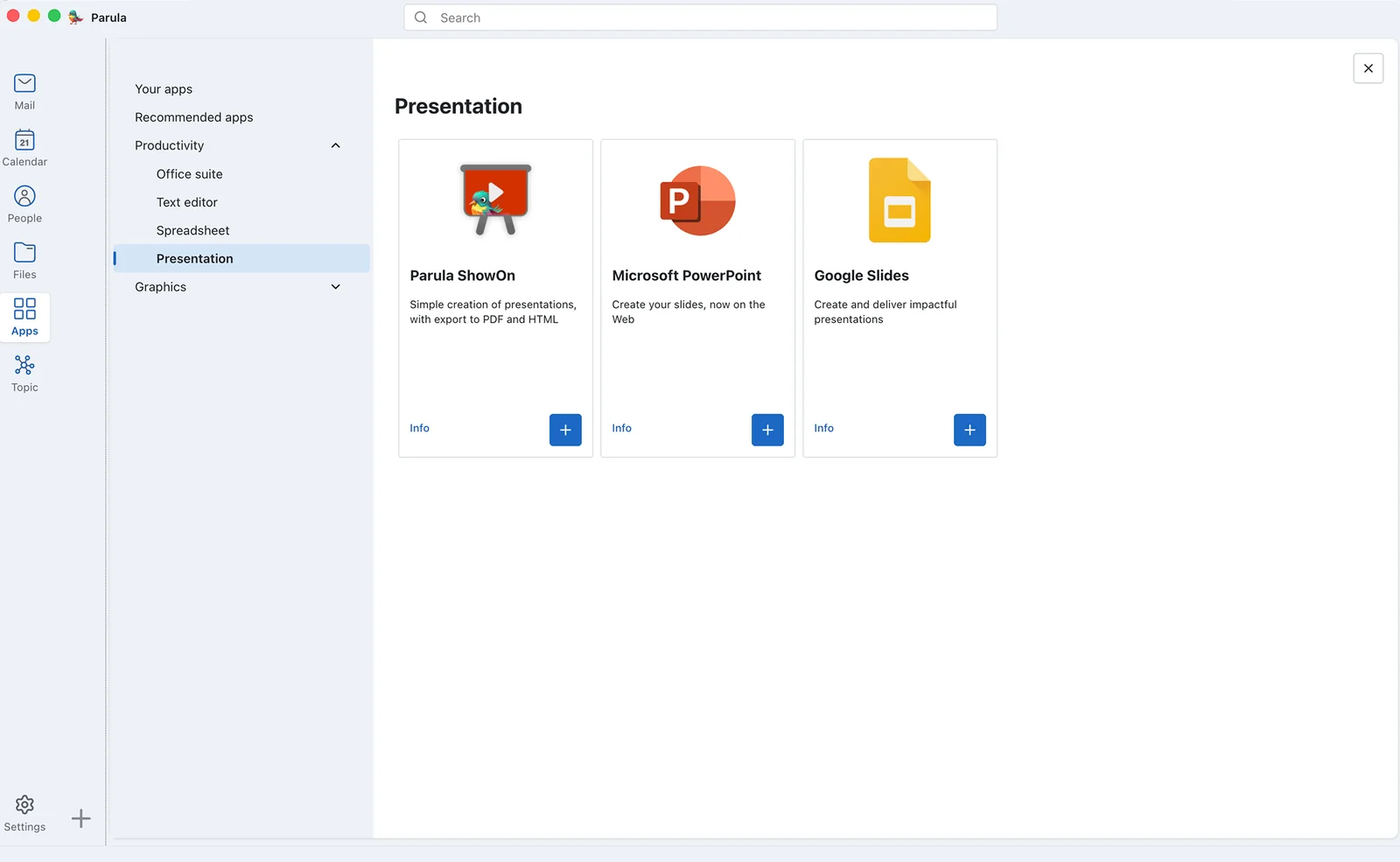 Parula Apps: presentation apps such as Parula ShowOn, PowerPoint and Google Slides