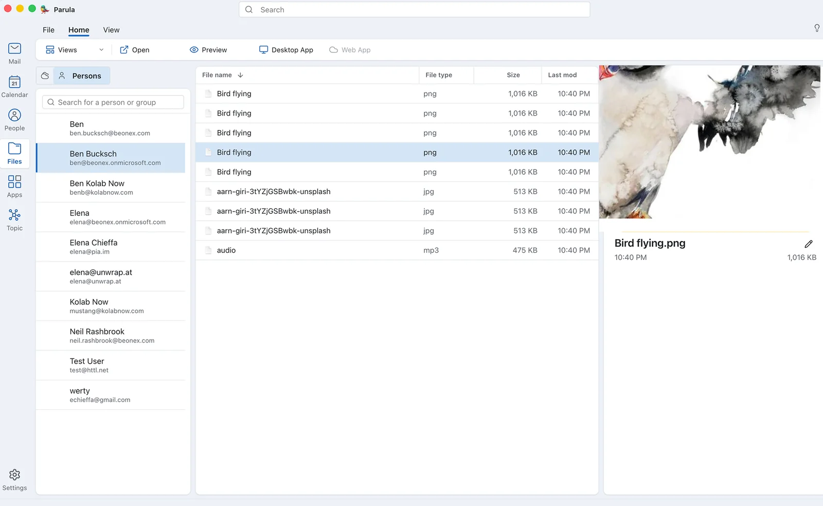 Parula Files: attachments grouped by person, with a preview pane
