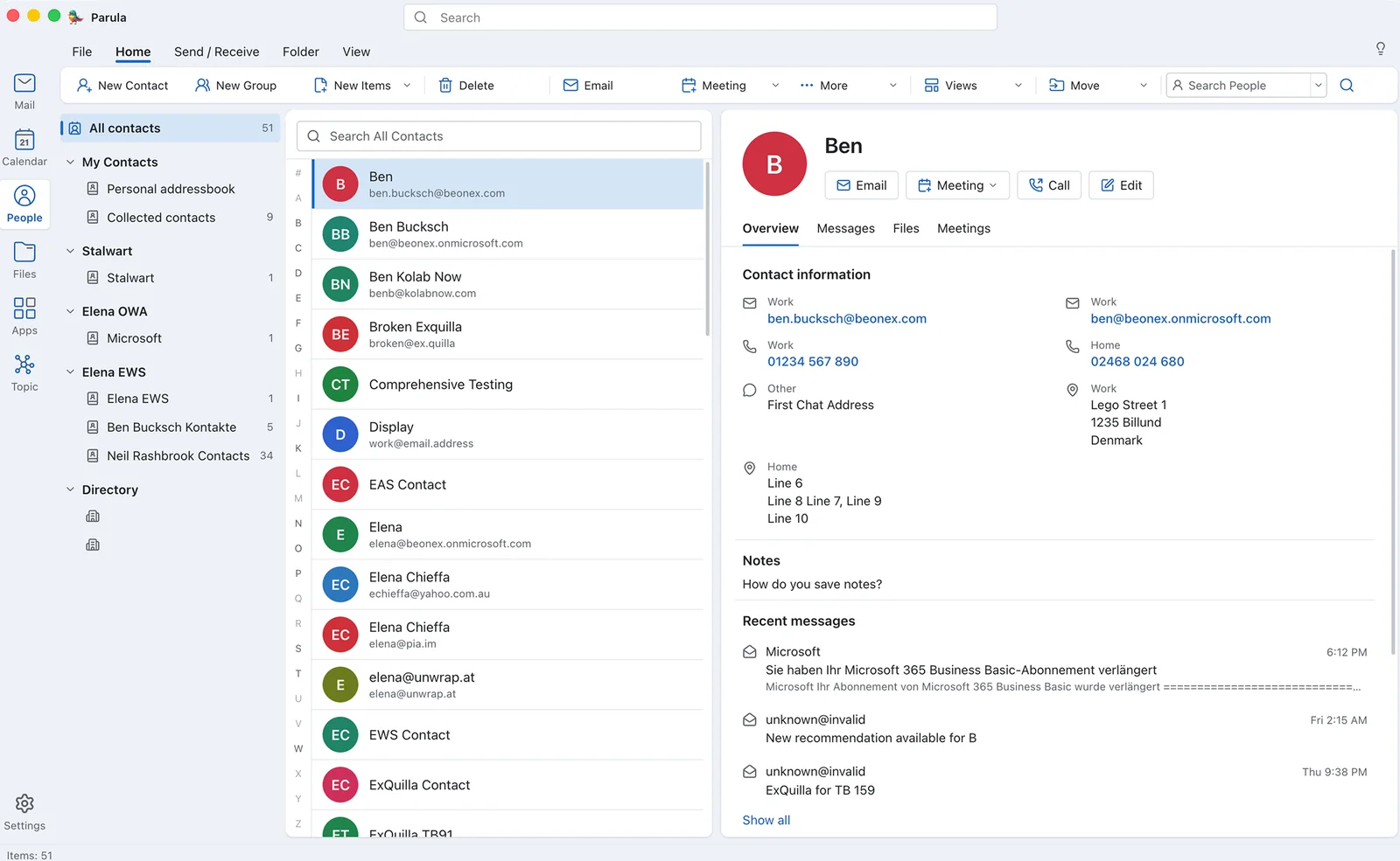 Parula People: address books from several accounts and a contact card with recent messages